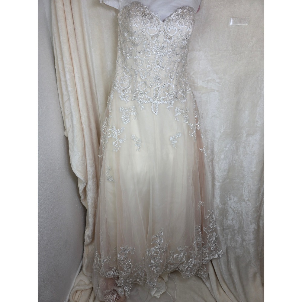 Jewel by Davids Bridal Lace‎ Applique Wedding Dress Ivory Champagne Size 12